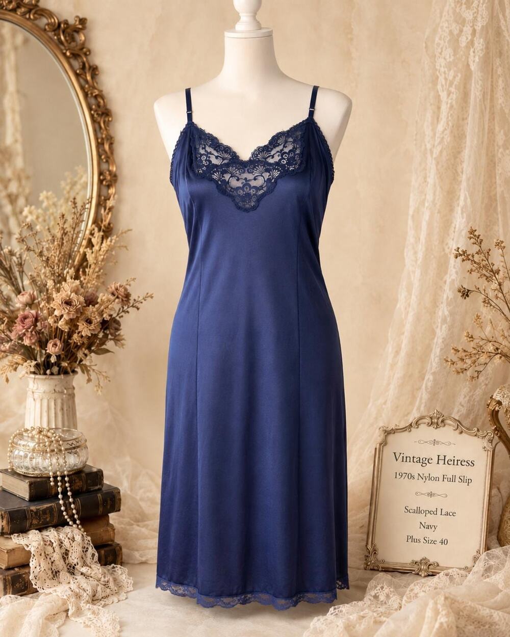 Vintage Heiress Nylon Full Slip 1970s Scalloped Lace Navy Plus Size 40